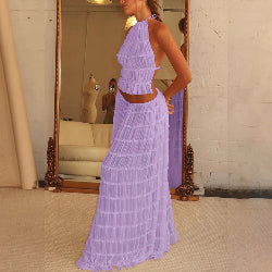 2-Piece Women’s Halter Top & Pleated Skirt Set – Backless Beach Dress Outfit | Infinity Bazaar