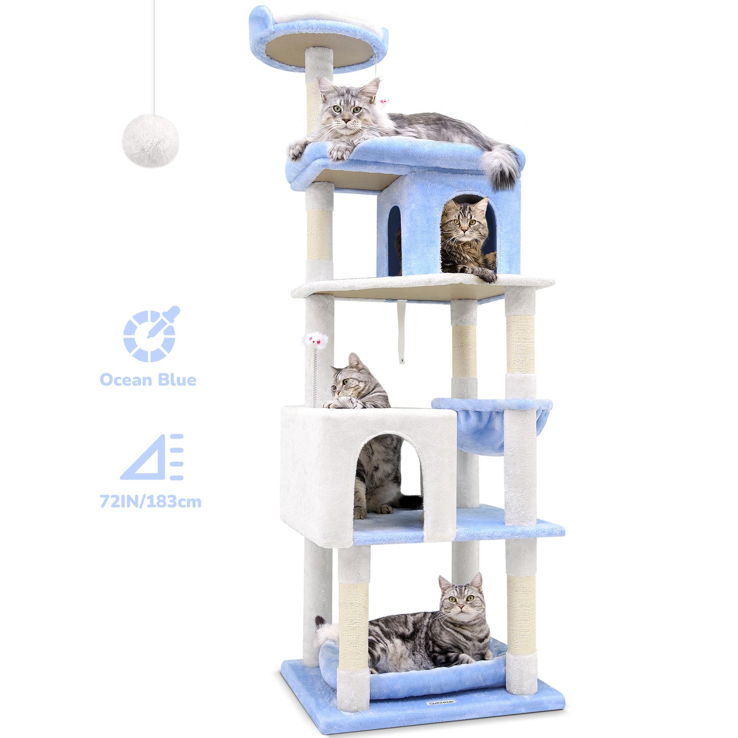 72-Inch Marine Blue Multi-Level Cat Tree Tower – Cat Climbing Frame with Scratching Posts, Platforms & Hideouts for Indoor Cats | Infinity Bazaar