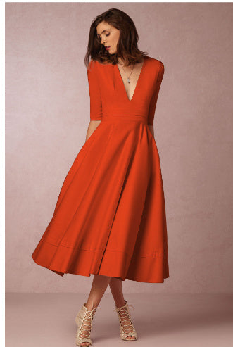 Women’s Retro 60s V-Neck Swing Dress with Mid Sleeves and Zipper | Infinity Bazaar