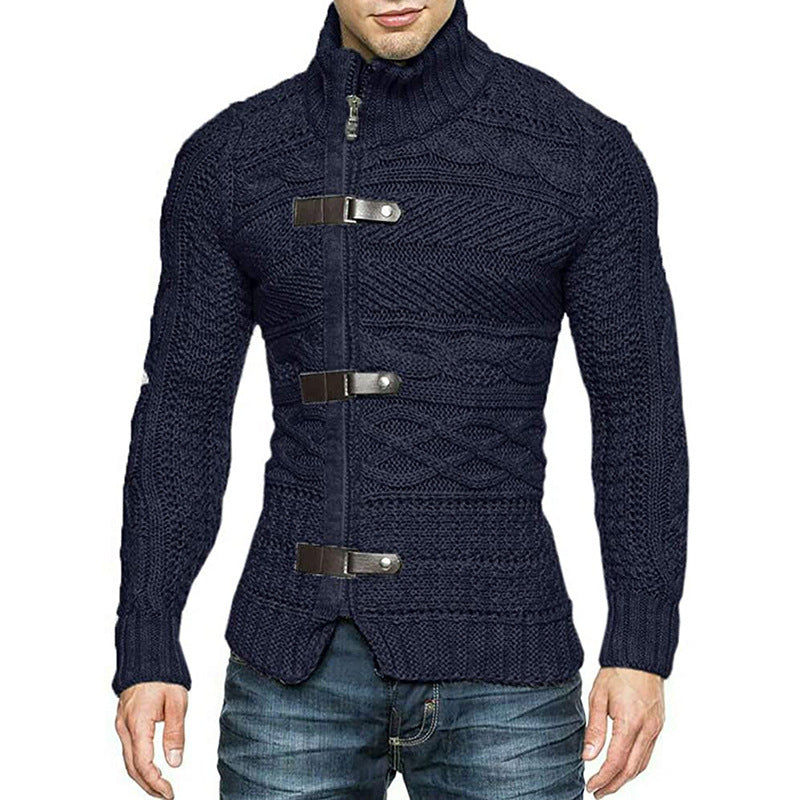 Turtleneck Sweater Men's Leather Button Long Sleeve Knit Cardigan Jacket