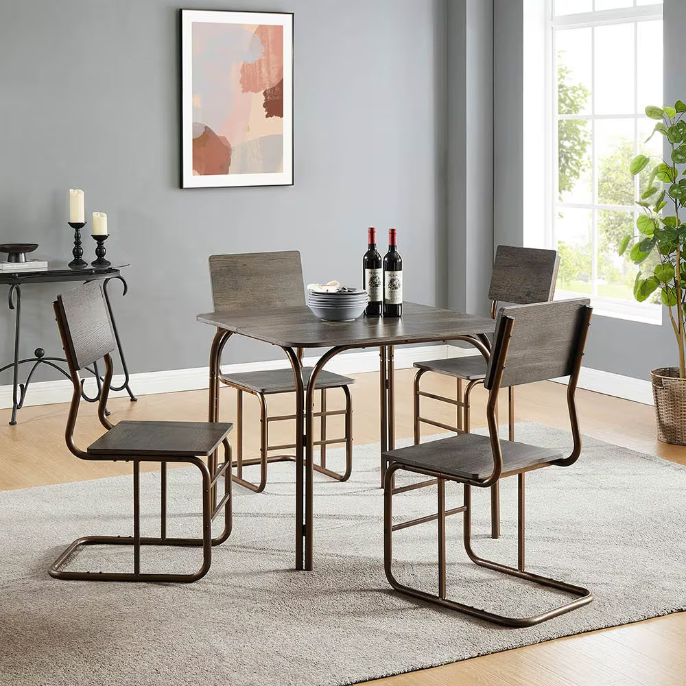 5-Piece Modern Wood Dining Table Set with 4 Chairs – MDF & Metal Frame, Space-Saving Kitchen Table Set | Antique Bronze | Infinity Bazaar