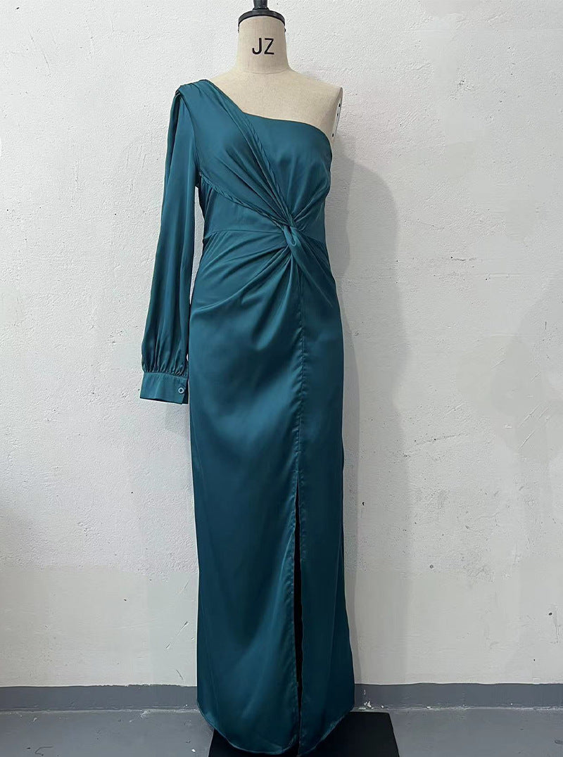 One-Shoulder Split Party Dress – Long-Sleeved Slim Fit | Infinity Bazaar