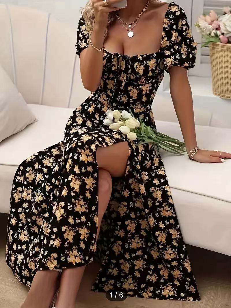 Women’s Floral Print Short Sleeve Split Long Summer Dress | Infinity Bazaar