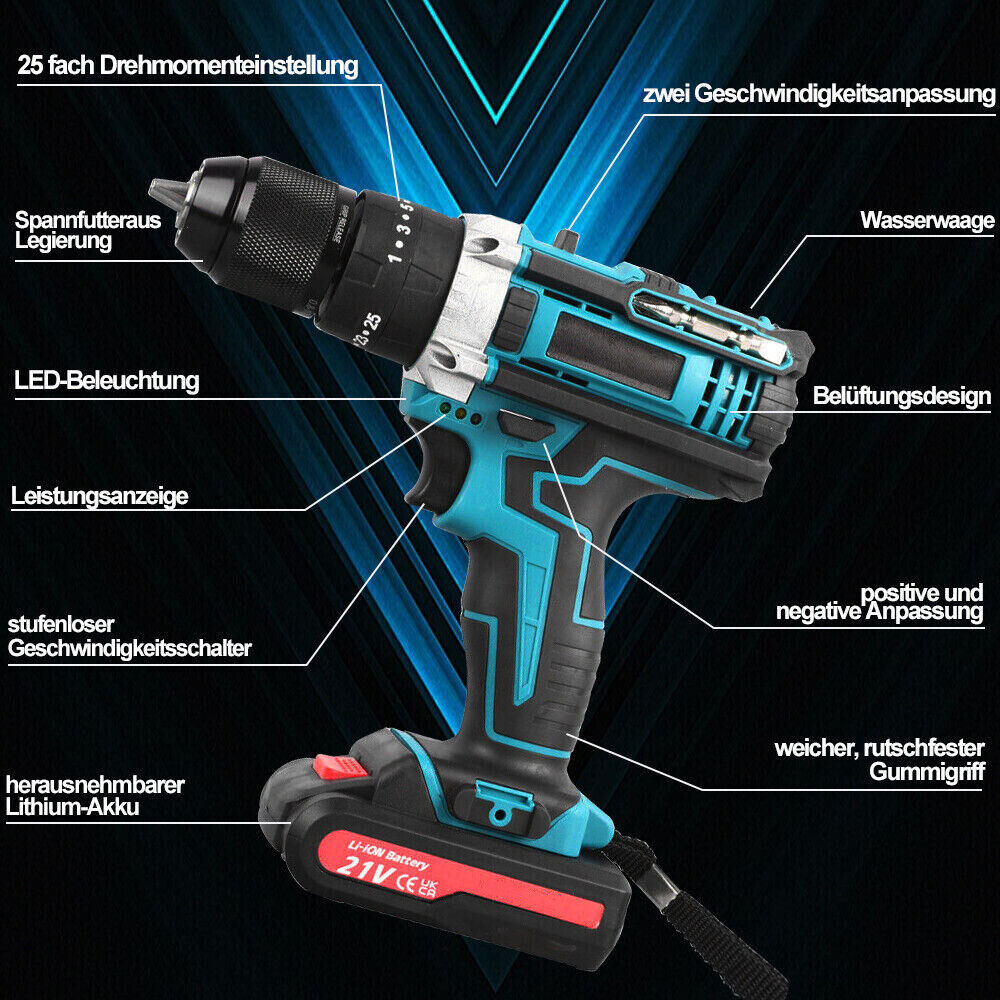 3-in-1 Cordless Brushless Drill Set – 21V Power Drill with Hammer & Screwdriver Functions | Electric Rechargeable Kit for DIY | Infinity Bazaar