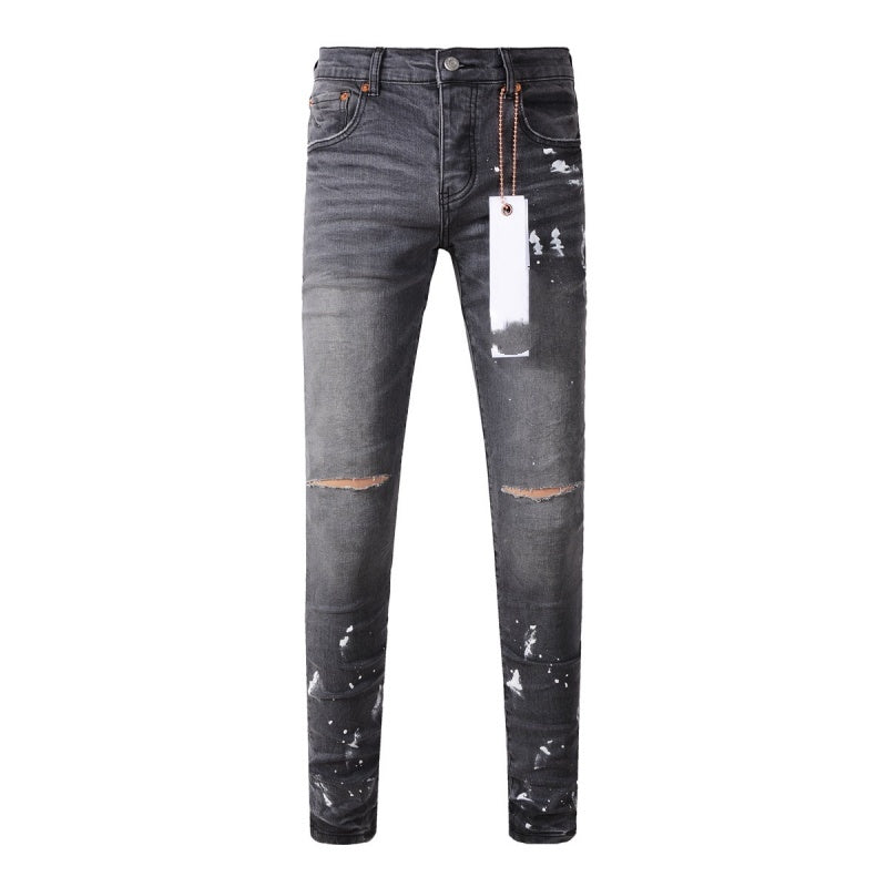 Purple Denim Jeans - Gray Knee Knife Ripped Splash Ink