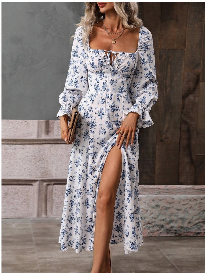 Women’s Floral Long Sleeve Square-Neck Dress with Bottom Slit | Infinity Bazaar