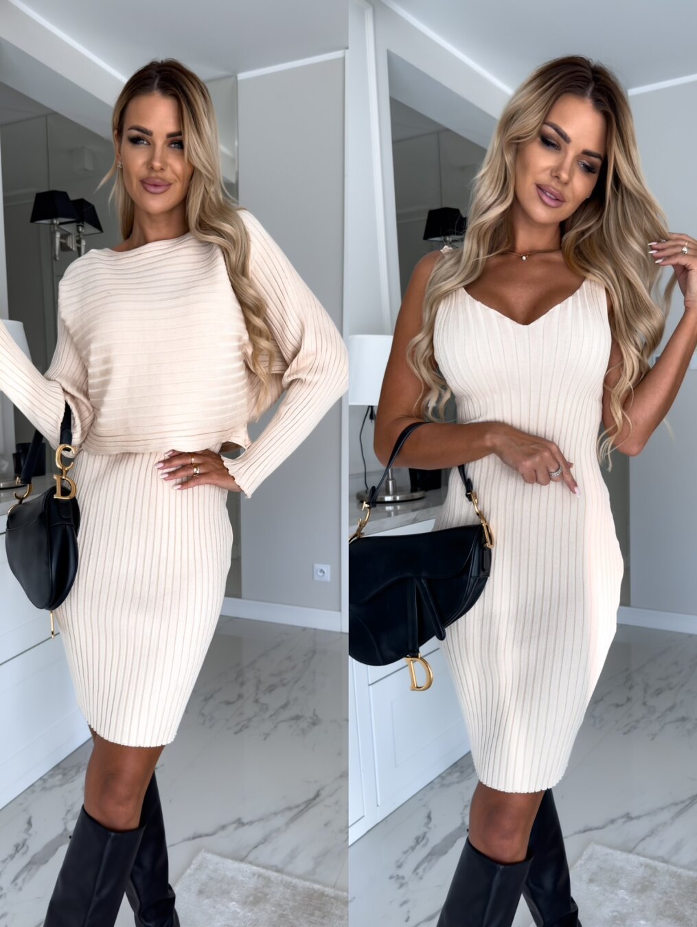 Women's Solid Stripe Long-sleeved 2 pc Suit Top And Tight Suspender Skirt