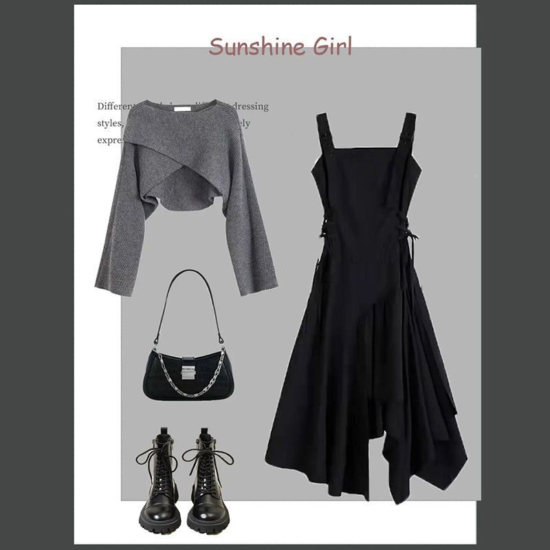 Gray Sweater Dress Two-Piece Set – Korean Style Elegant Outfit for Women | Infinity Bazaar