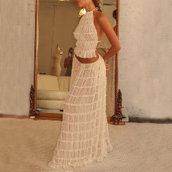 2-Piece Women’s Halter Top & Pleated Skirt Set – Backless Beach Dress Outfit | Infinity Bazaar