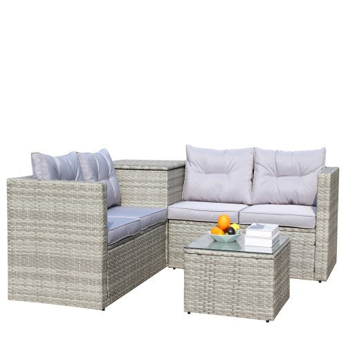 4-Piece Patio Sectional Wicker Rattan Outdoor Furniture Sofa Set with Storage Box – Grey | Infinity Bazaar