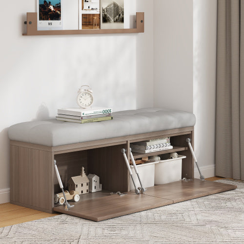 49" Storage Bench with Adjustable Shelves & Padded Cushion – Double Door Entryway Footstool Cabinet, Chenille Upholstery, Light Grey | Infinity Bazaar