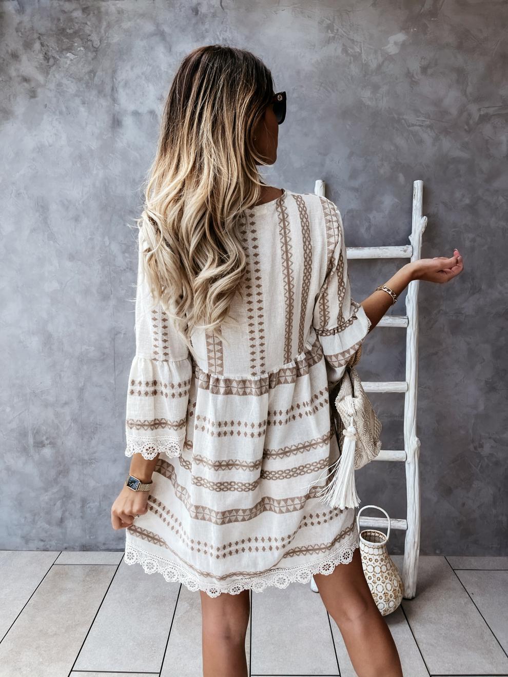 Long Sleeve V-neck Geometric Print Dress