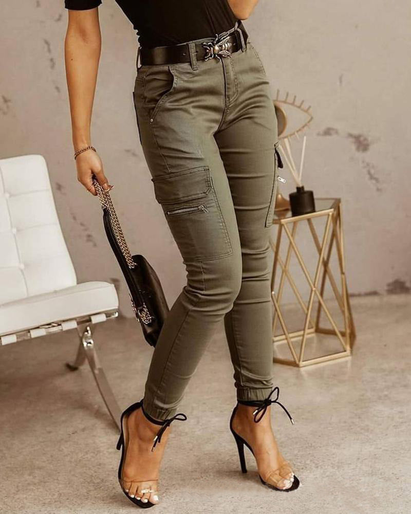 Women's Trousers, Low-waisted Buttons, Solid Color Pockets