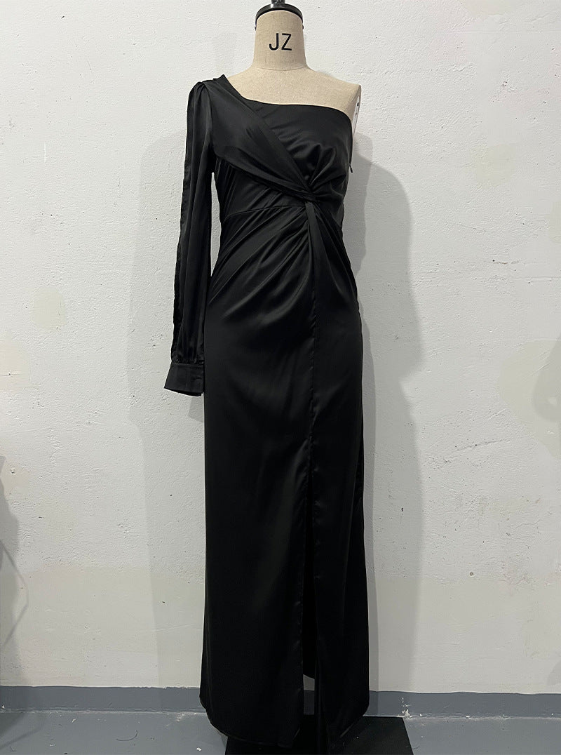 One-Shoulder Split Party Dress – Long-Sleeved Slim Fit | Infinity Bazaar