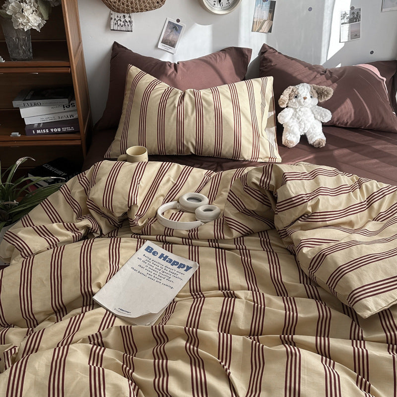 Simple Plaid Washed Cotton Cream Color Mixed Bed Sheet Fitted Sheet Quilt Cover