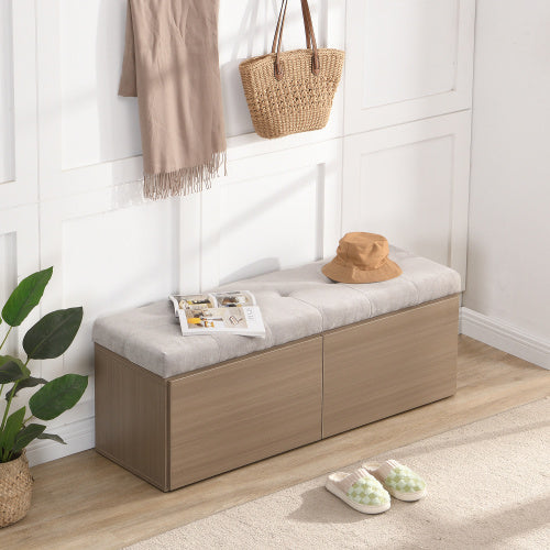 49" Storage Bench with Adjustable Shelves & Padded Cushion – Double Door Entryway Footstool Cabinet, Chenille Upholstery, Light Grey | Infinity Bazaar