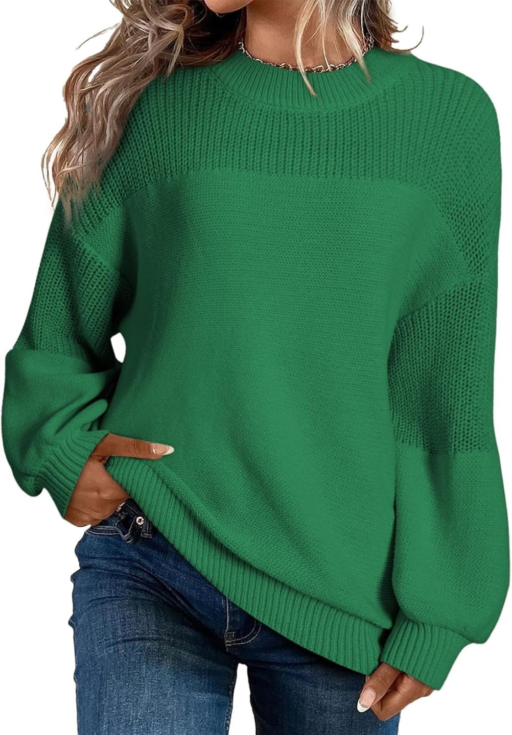 Solid Color Lantern Sleeve Pullover Round Neck Sweater