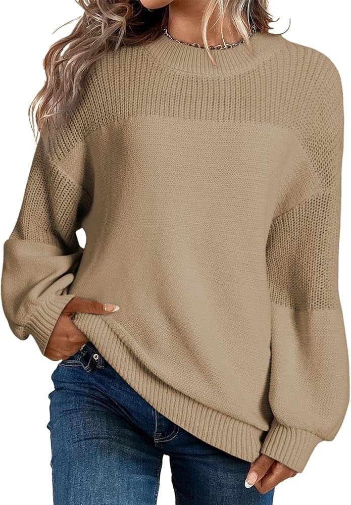 Solid Color Lantern Sleeve Pullover Round Neck Sweater
