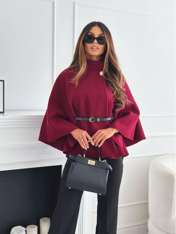 Collar Batwing Sleeves Cloak Top With Belt - Sweater Outwear For Women Clothing