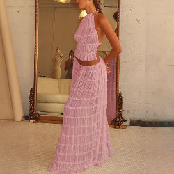 2-Piece Women’s Halter Top & Pleated Skirt Set – Backless Beach Dress Outfit | Infinity Bazaar