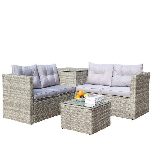 4-Piece Patio Sectional Wicker Rattan Outdoor Furniture Sofa Set with Storage Box – Grey | Infinity Bazaar