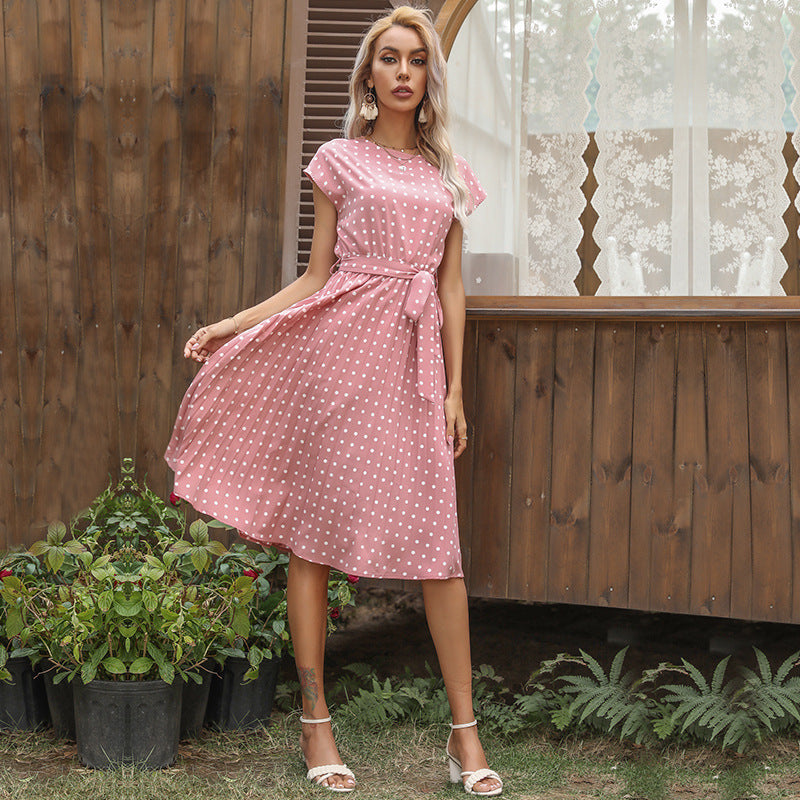 Women’s Summer Polka Dot Pleated Midi Dress – Short Sleeve Button-Down Style | Infinity Bazaar