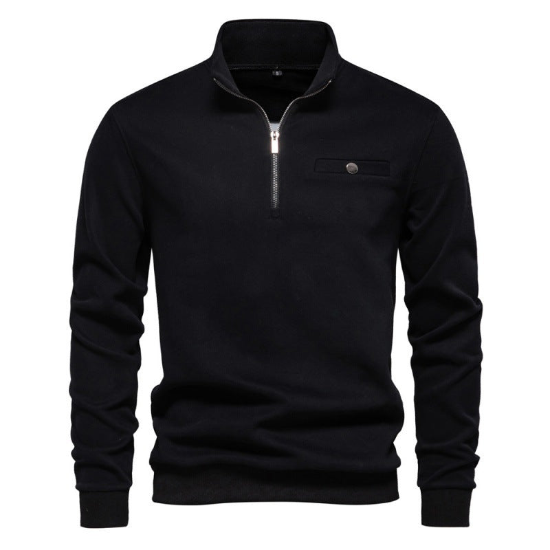 Half Zipper Sweater Casual Solid Color Pocket Decoration Basic Style