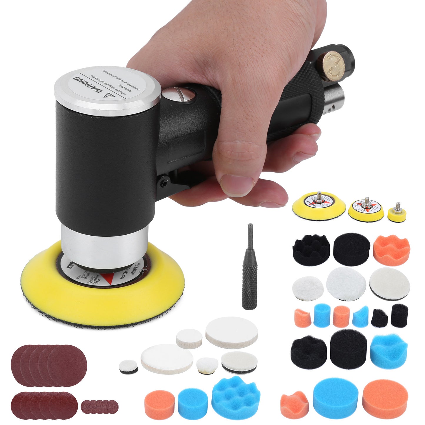 48-Piece Eccentric Air Sander Pneumatic Polisher with 1/4" Air Nozzle, 1–3 Inch Pads, for Car Waxing, Grinding & Detail Sanding | Infinity Bazaar