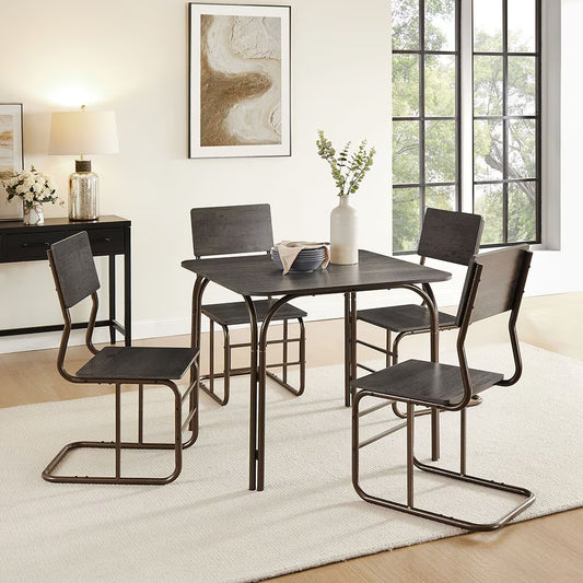 5-Piece Modern Wood Dining Table Set with 4 Chairs – MDF & Metal Frame, Space-Saving Kitchen Table Set | Antique Bronze | Infinity Bazaar