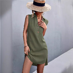 Women’s Sleeveless Cotton Linen Dress – Button Front Vest Style with Side Split | Infinity Bazaar