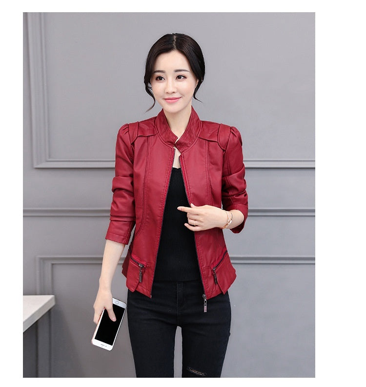 New Spring And Autumn Korean Style Motorcycle Stand-up Collar Slim Fit Slimming Leather Coat