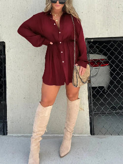 Women's Long Sleeve Jumpsuit Shirt Dress – Button-Front Fashion One-Piece | Infinity Bazaar