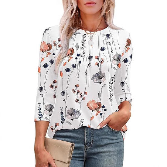 Casual Pleated Round Neck Printed Top