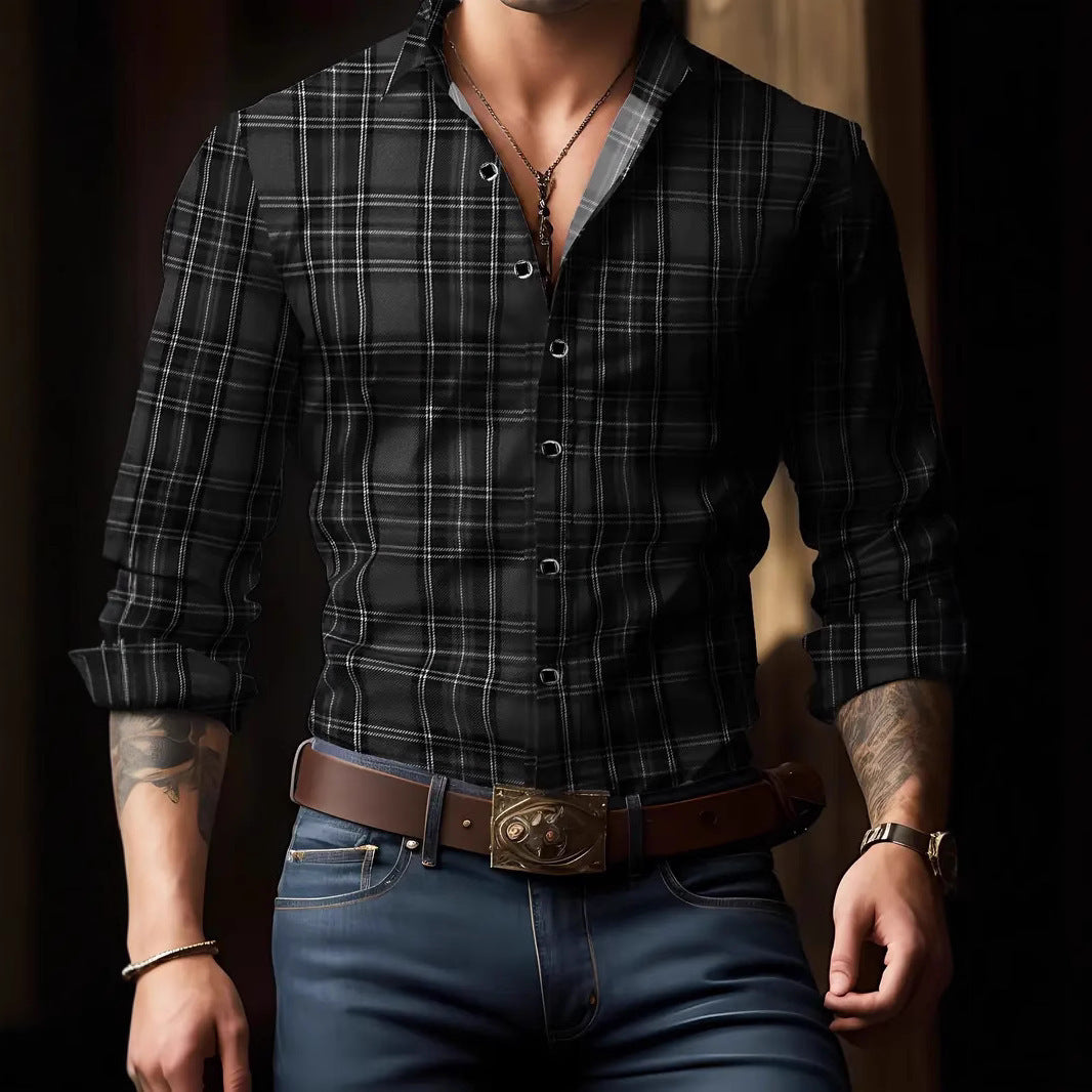 Breathable Casual Versatile Lattice Men's Long Sleeve Shirt