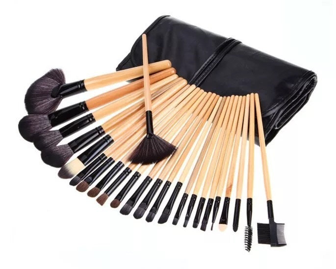 24-Piece Professional Makeup Brush Set – Long Wooden Handle with Soft Synthetic Bristles & PU Brush Roll | Infinity Bazaar