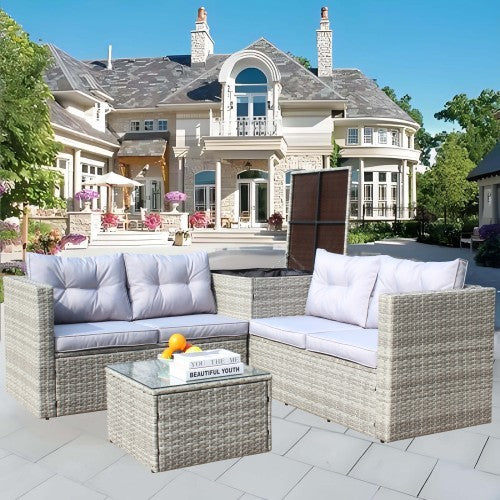 4-Piece Patio Sectional Wicker Rattan Outdoor Furniture Sofa Set with Storage Box – Grey | Infinity Bazaar