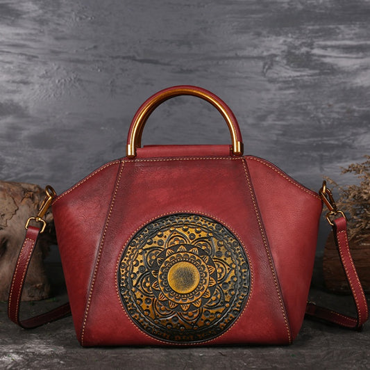 Genuine Embossed Retro Leather Messenger Handbag with Totem Pattern - High Quality Natural Leather