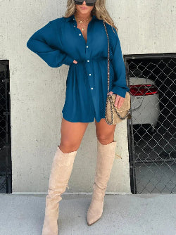 Women's Long Sleeve Jumpsuit Shirt Dress – Button-Front Fashion One-Piece | Infinity Bazaar