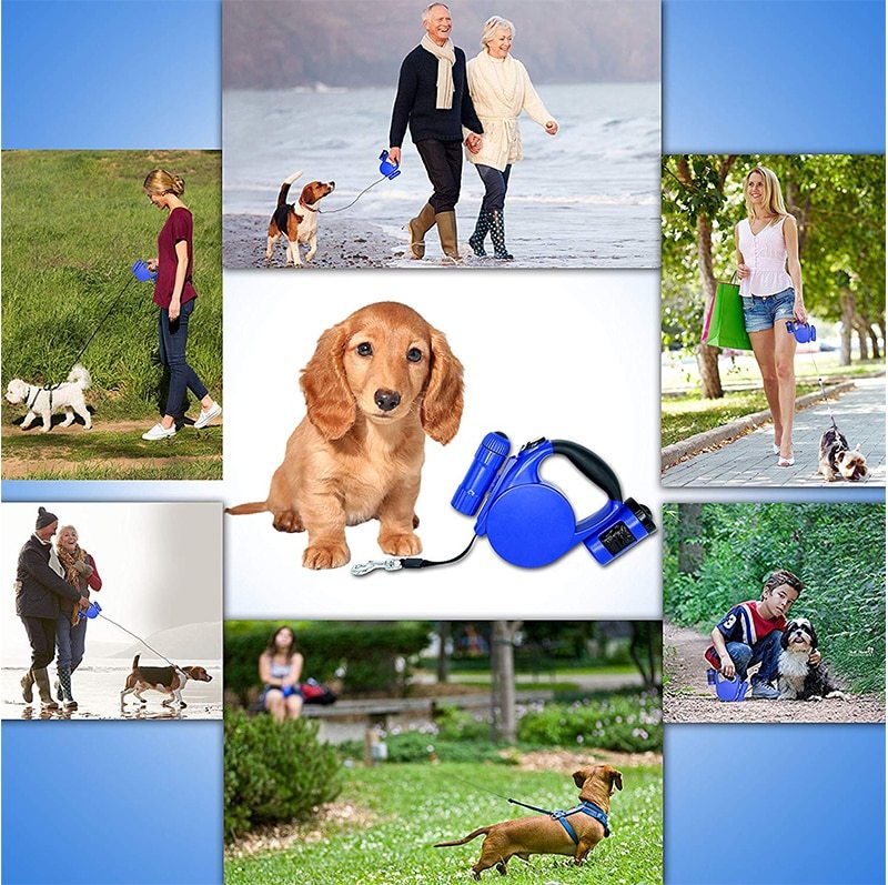 4.5m LED Retractable Dog Leash with Trash Bag Dispenser & Flashlight – Telescopic Flat Rope, 40kg Tension | Infinity Bazaar