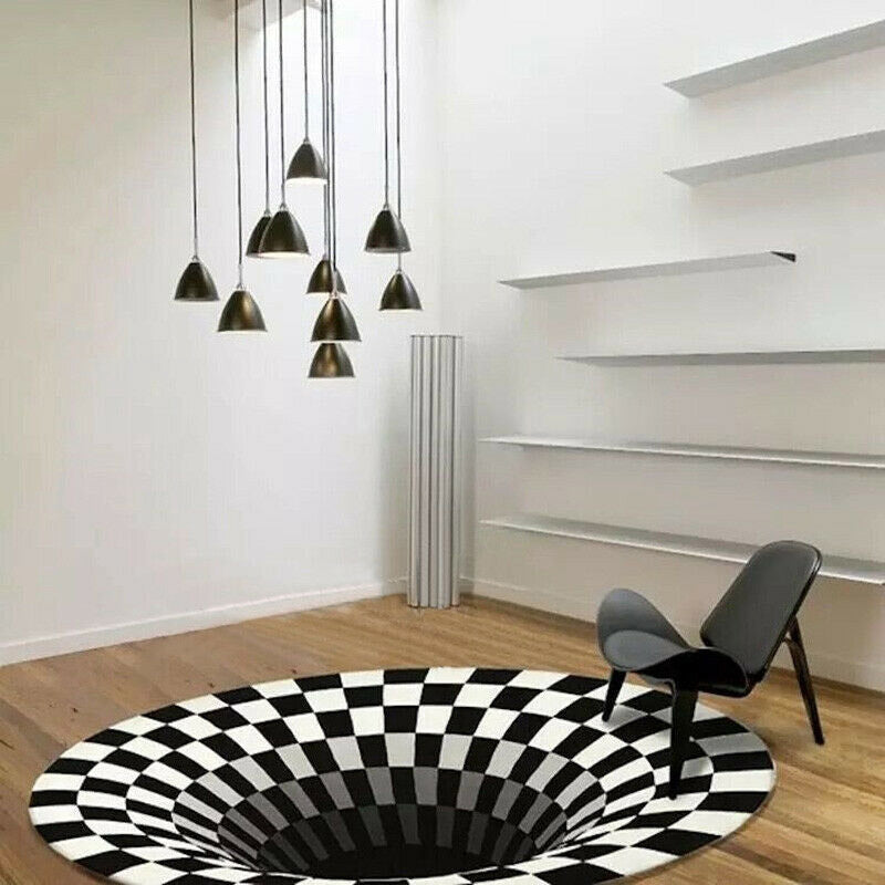 3D Vortex Illusion Carpet – Black & White Optical Hole Rug for Living Room, Bedroom & Home Decor | Infinity Bazaar