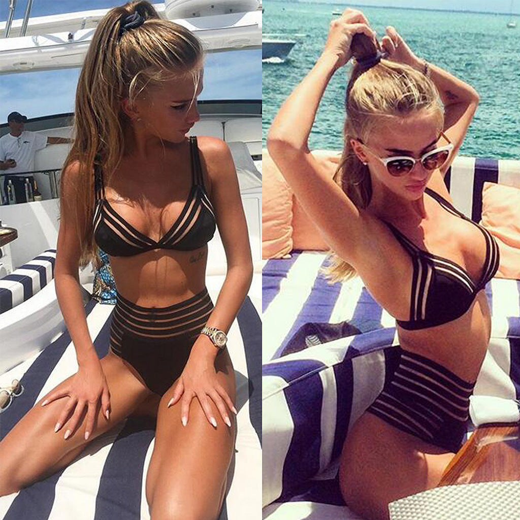 European and American fashion mesh striped sexy perspective split bikini