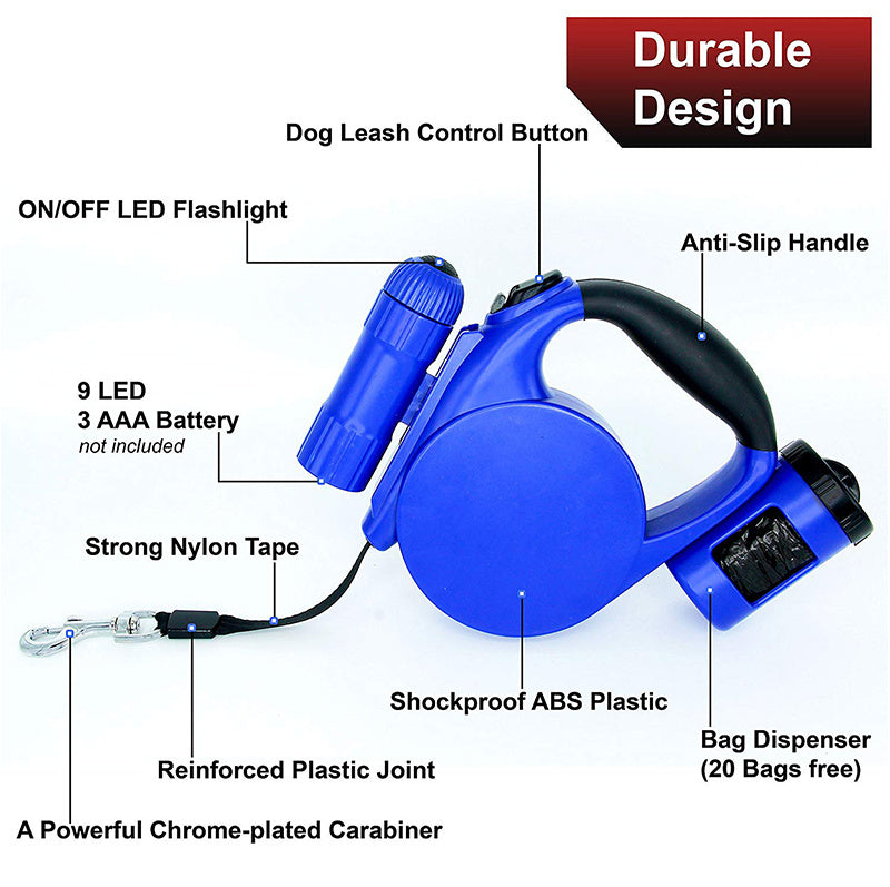 4.5m LED Retractable Dog Leash with Trash Bag Dispenser & Flashlight – Telescopic Flat Rope, 40kg Tension | Infinity Bazaar