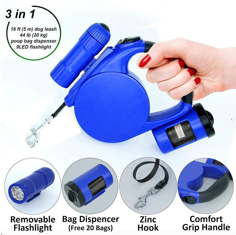 4.5m LED Retractable Dog Leash with Trash Bag Dispenser & Flashlight – Telescopic Flat Rope, 40kg Tension | Infinity Bazaar