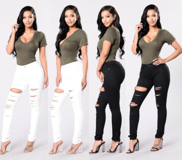 casual women's cotton denim slim jeans - mid waist ripped holes pencil pants cowboy jeans femme