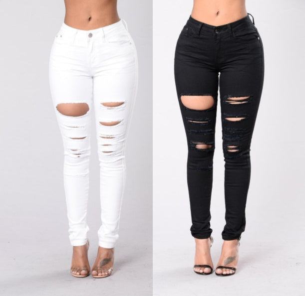 casual women's cotton denim slim jeans - mid waist ripped holes pencil pants cowboy jeans femme