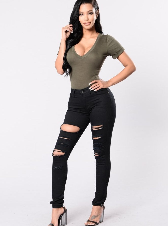 casual women's cotton denim slim jeans - mid waist ripped holes pencil pants cowboy jeans femme