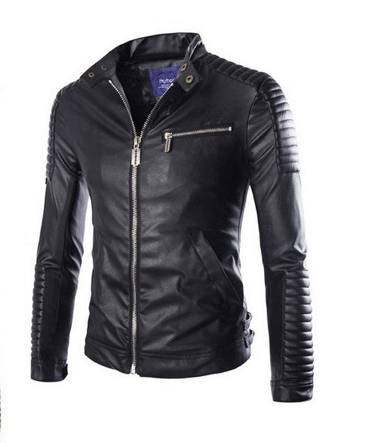 Men's Solid Color Faux Leather Motorcycle Jacket