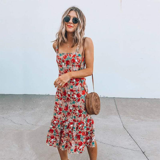 Spring & Summer Floral Print Dress with Straps