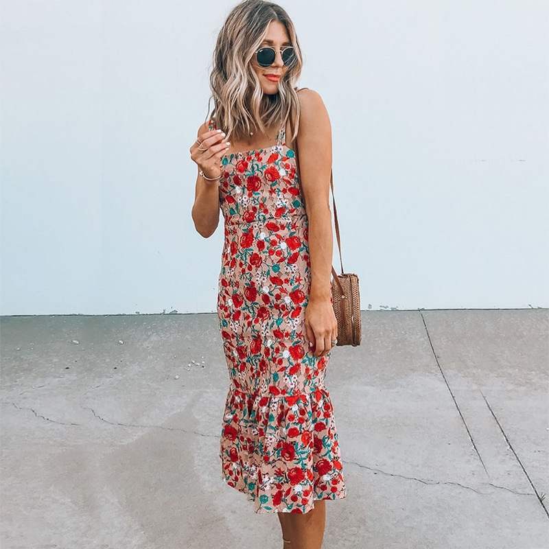 Spring & Summer Floral Print Dress with Straps