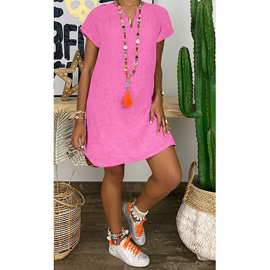 Loose Summer Solid Color Short Sleeved V Neck Cotton And Linen Dress